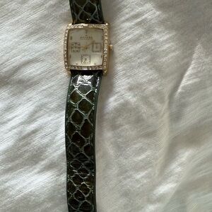 Skagen Women's Watch - Green Leather Strap, Mother of Pearl and Crystal Bezel